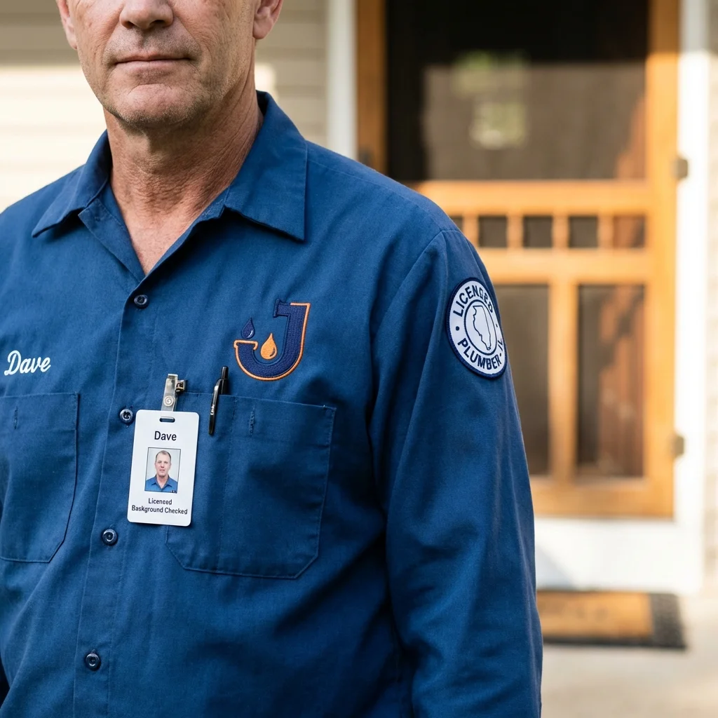 Licensed plumber showing ID badge in Escanaba, MI