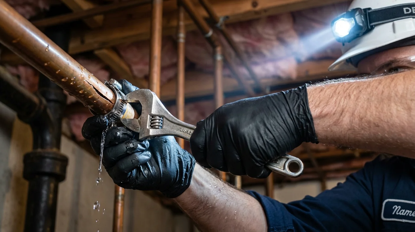 Emergency pipe clamp repair being performed by a Johns Plumbing LLC plumber in Escanaba