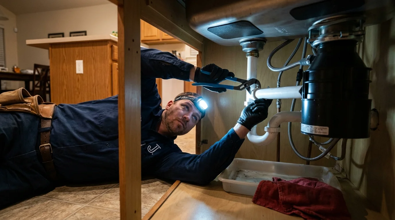 P-trap and supply line connections under a kitchen sink showing a common leak point in Escanaba, MI